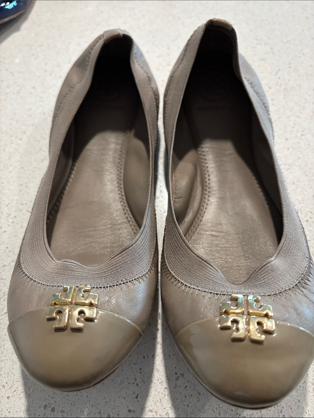 Tory Burch Taupe Leather Cap-Toe Ballet Flats with Gold Logo